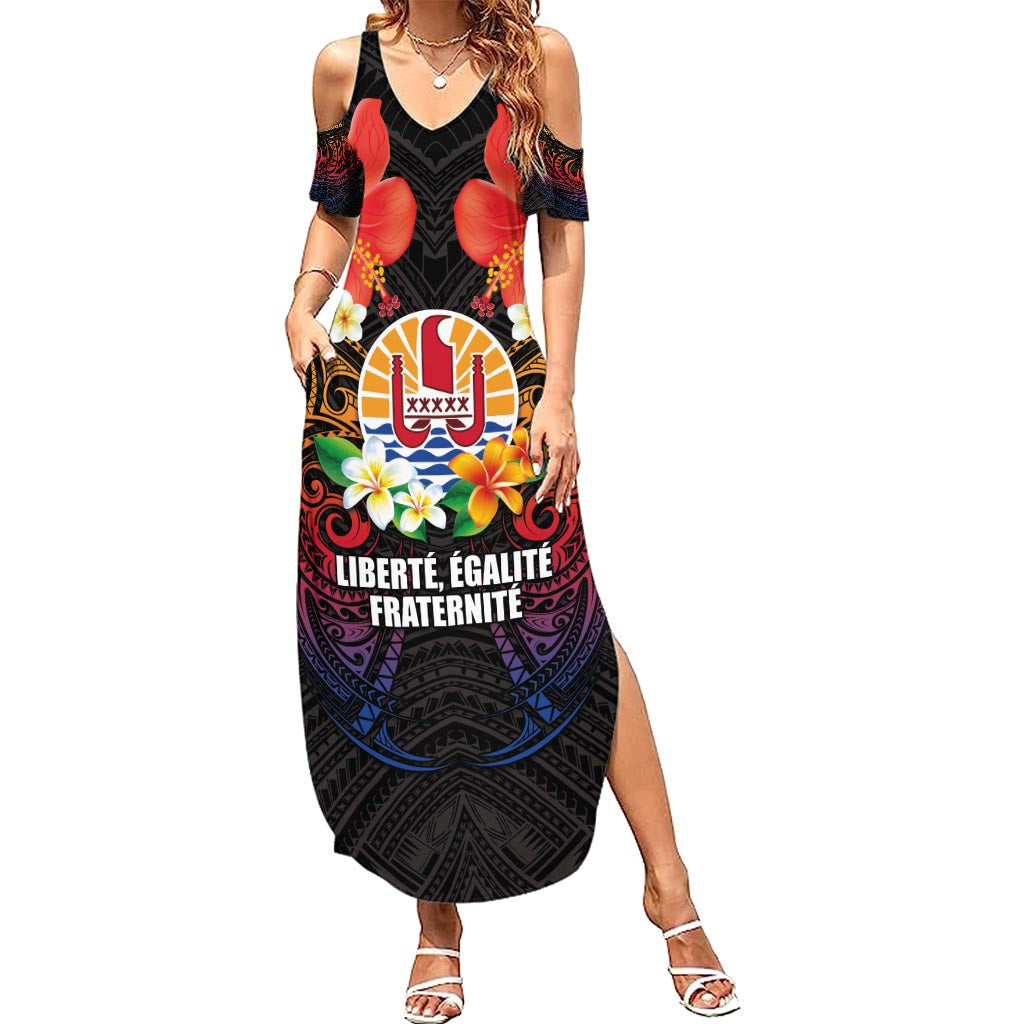 French Polynesia Bastille Day Summer Maxi Dress Tiare Flower and National Seal Polynesian Pattern LT03 Women Black - Polynesian Pride