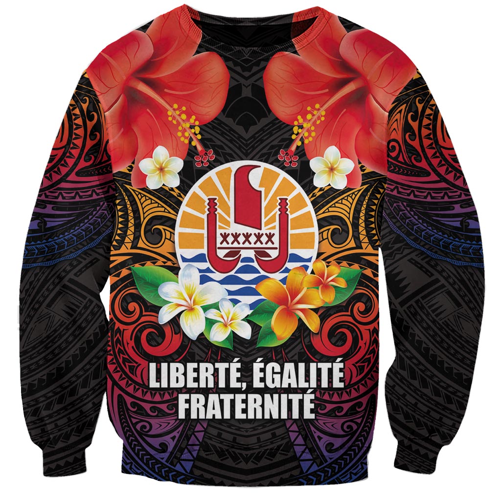 French Polynesia Bastille Day Sweatshirt Tiare Flower and National Seal Polynesian Pattern