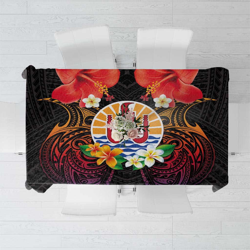 French Polynesia Bastille Day Tablecloth Tiare Flower and National Seal Polynesian Pattern LT03 Black - Polynesian Pride
