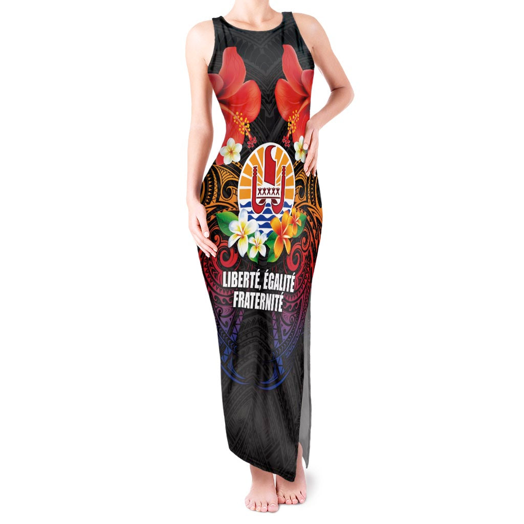 French Polynesia Bastille Day Tank Maxi Dress Tiare Flower and National Seal Polynesian Pattern