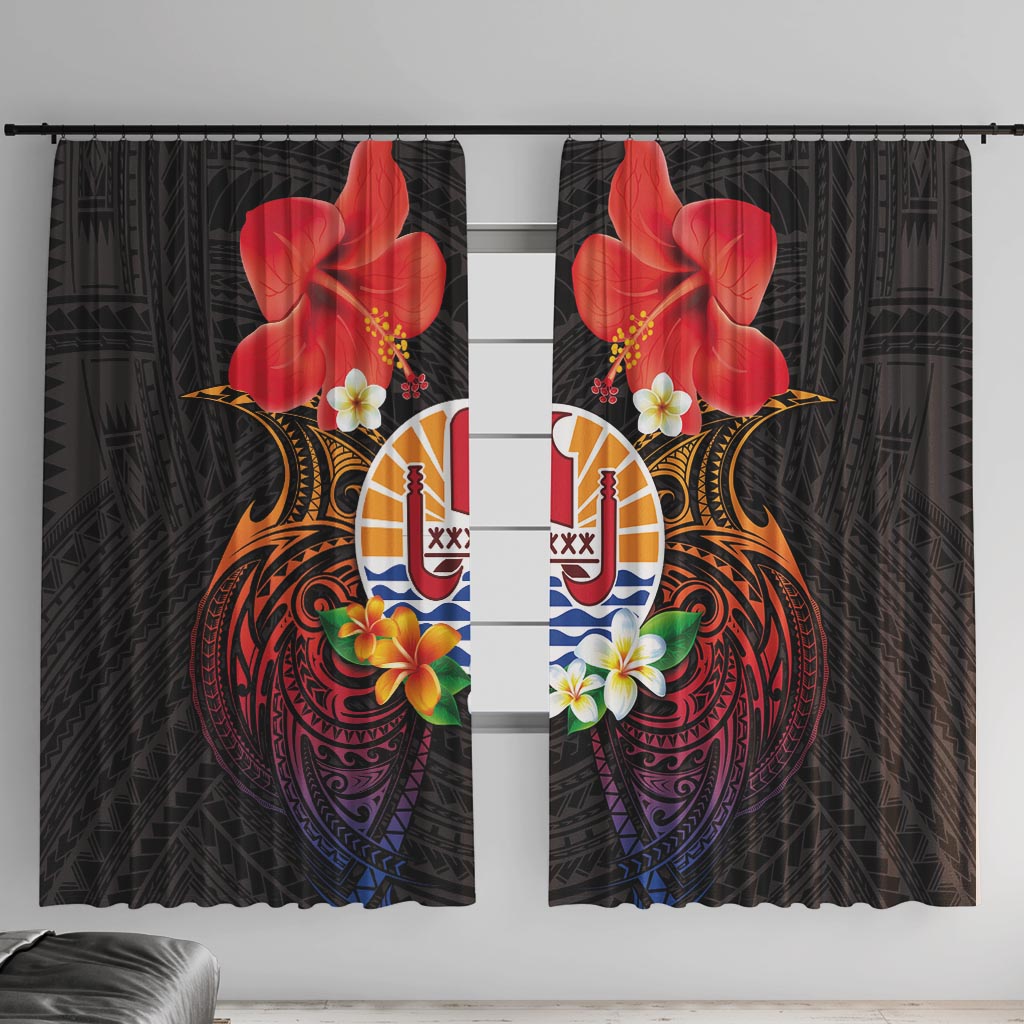 French Polynesia Bastille Day Window Curtain Tiare Flower and National Seal Polynesian Pattern