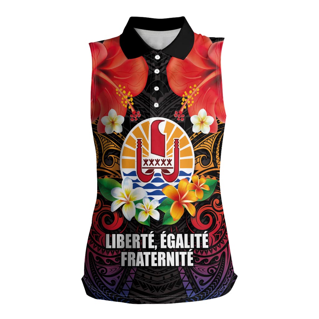 French Polynesia Bastille Day Women Sleeveless Polo Shirt Tiare Flower and National Seal Polynesian Pattern LT03 Female Black - Polynesian Pride