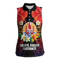 French Polynesia Bastille Day Women Sleeveless Polo Shirt Tiare Flower and National Seal Polynesian Pattern LT03 Female Black - Polynesian Pride