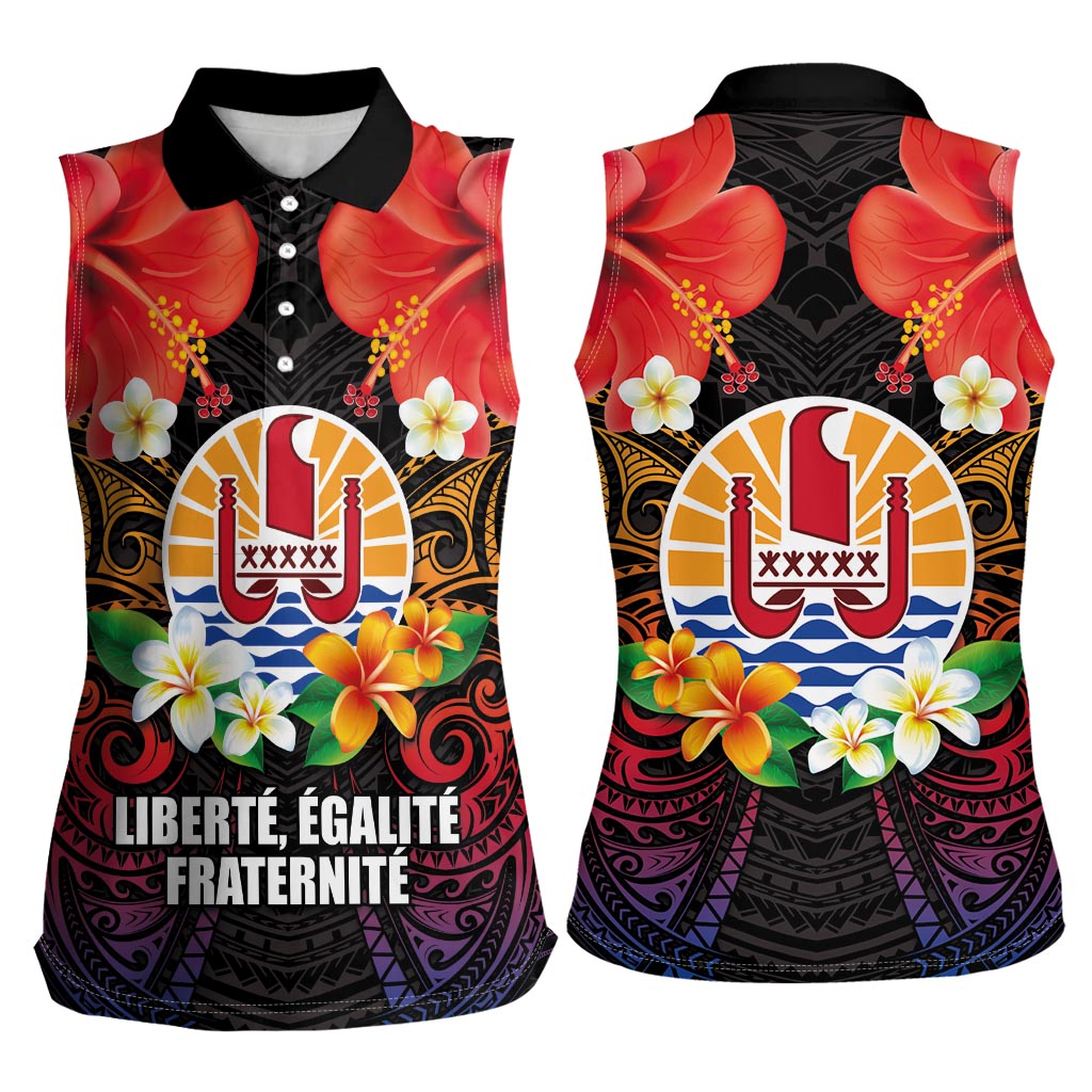 French Polynesia Bastille Day Women Sleeveless Polo Shirt Tiare Flower and National Seal Polynesian Pattern LT03 - Polynesian Pride