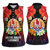 French Polynesia Bastille Day Women Sleeveless Polo Shirt Tiare Flower and National Seal Polynesian Pattern LT03 - Polynesian Pride