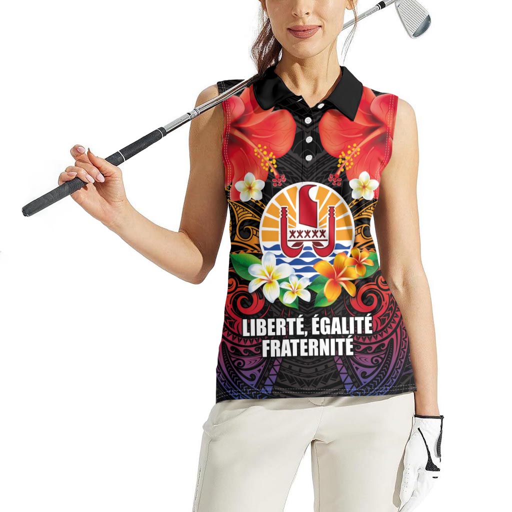 French Polynesia Bastille Day Women Sleeveless Polo Shirt Tiare Flower and National Seal Polynesian Pattern LT03 - Polynesian Pride