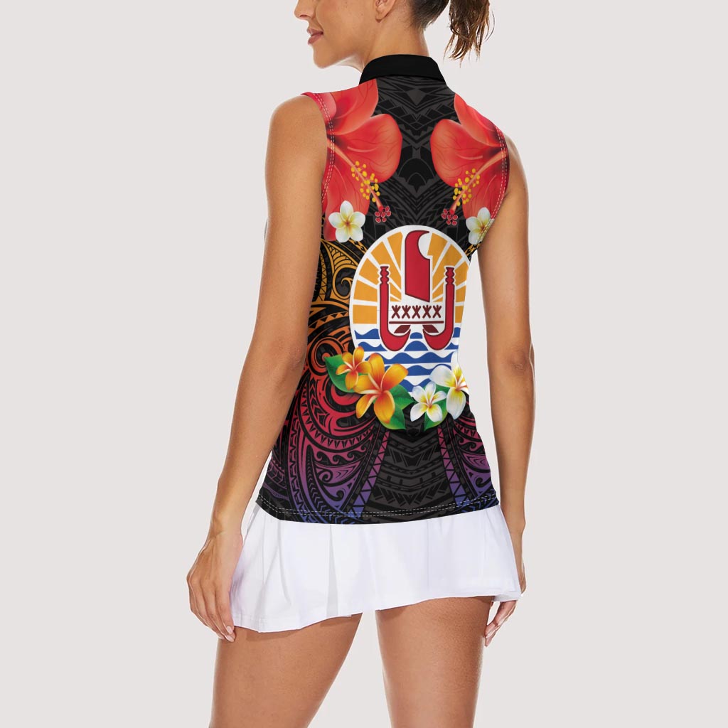 French Polynesia Bastille Day Women Sleeveless Polo Shirt Tiare Flower and National Seal Polynesian Pattern LT03 - Polynesian Pride