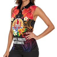 French Polynesia Bastille Day Women Sleeveless Polo Shirt Tiare Flower and National Seal Polynesian Pattern LT03 - Polynesian Pride