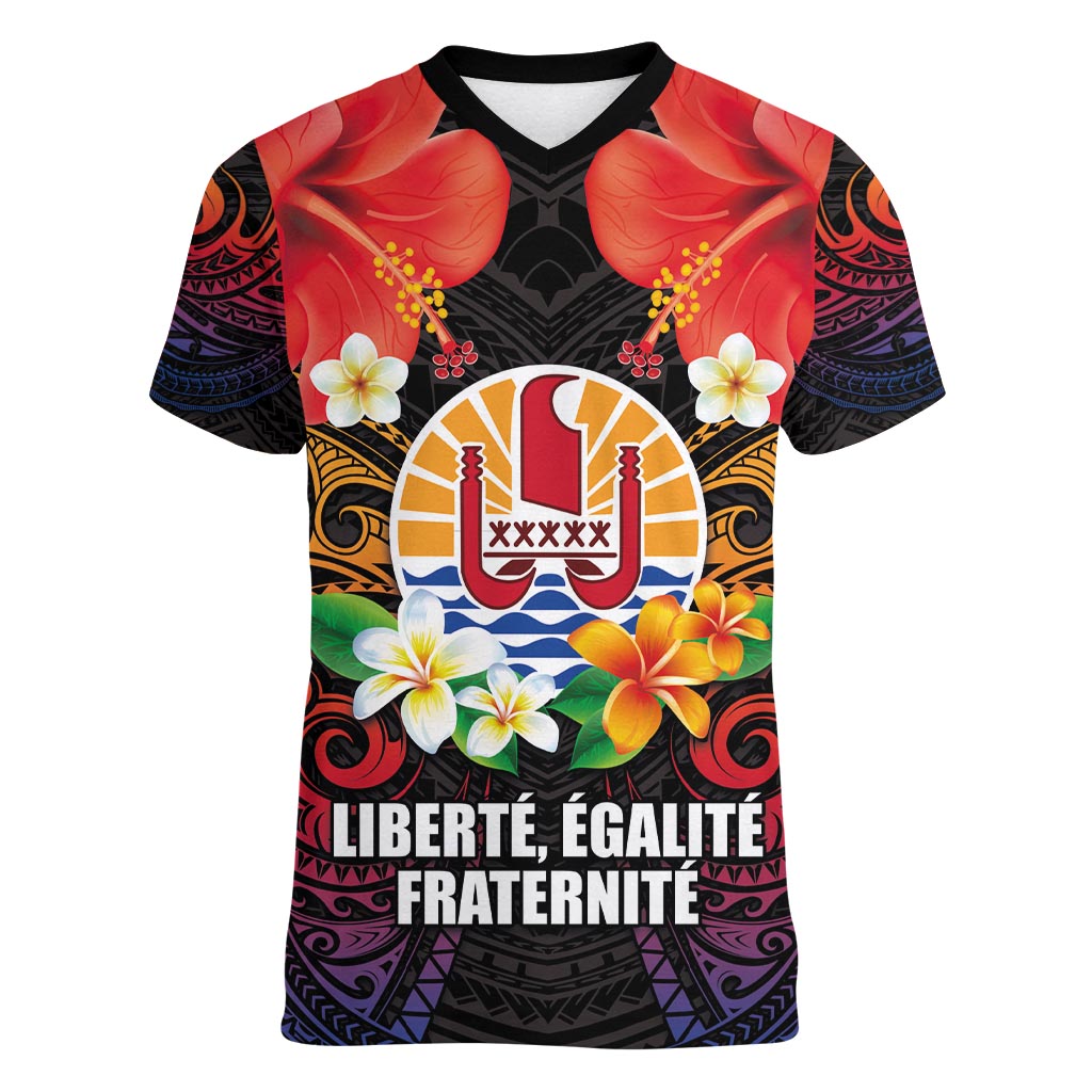 French Polynesia Bastille Day Women V-Neck T-Shirt Tiare Flower and National Seal Polynesian Pattern