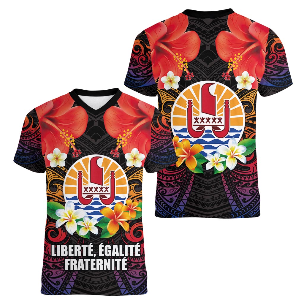 French Polynesia Bastille Day Women V-Neck T-Shirt Tiare Flower and National Seal Polynesian Pattern