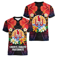 French Polynesia Bastille Day Women V-Neck T-Shirt Tiare Flower and National Seal Polynesian Pattern