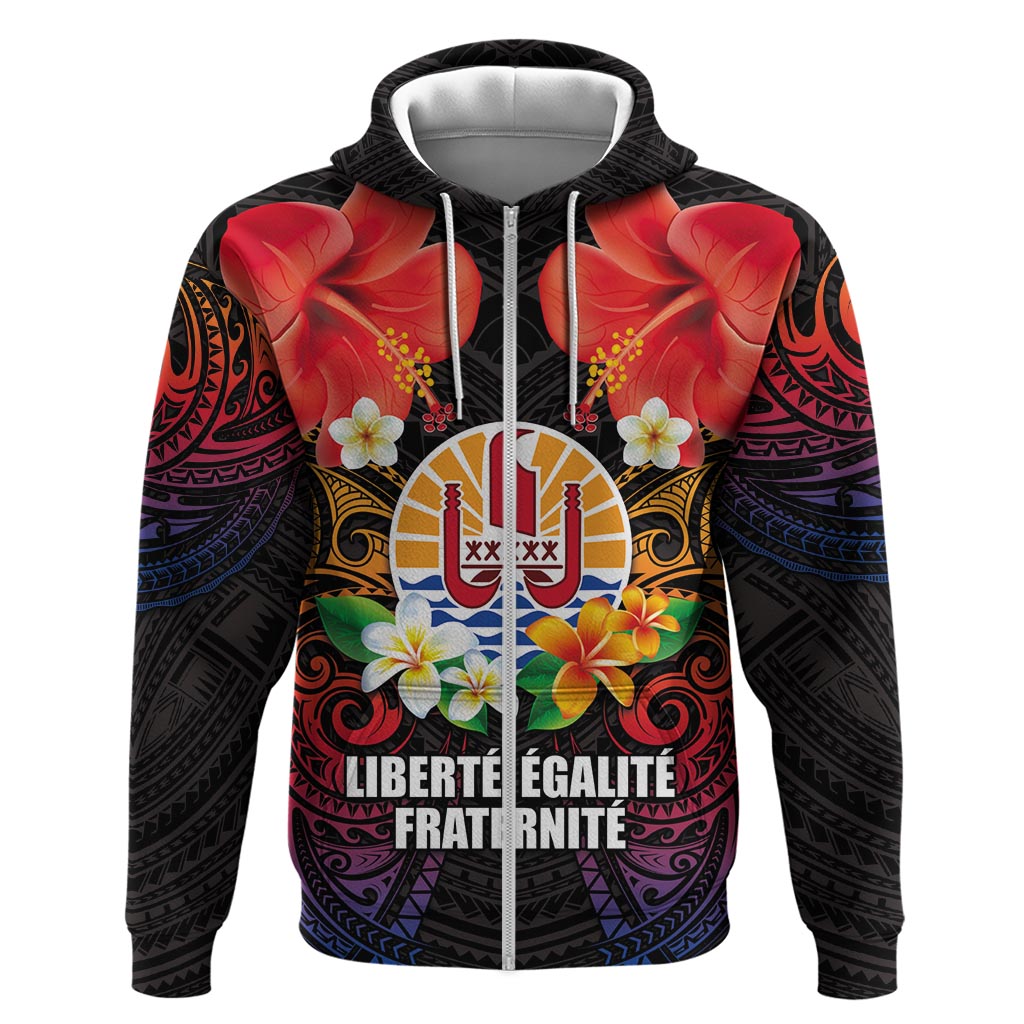 French Polynesia Bastille Day Zip Hoodie Tiare Flower and National Seal Polynesian Pattern