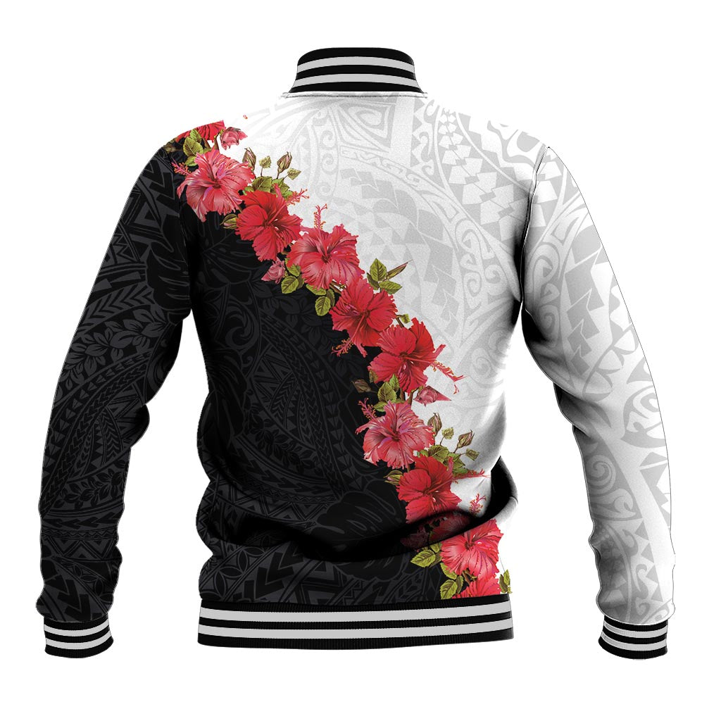 Hawaii Red Hibiscus Flowers Baseball Jacket Polynesian Pattern With Half Black White Version LT03 - Polynesian Pride