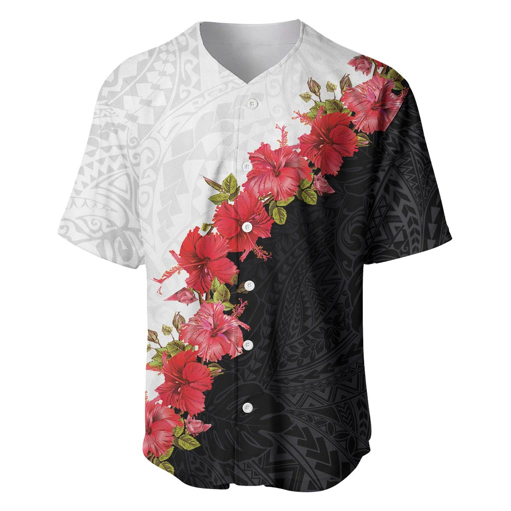 Hawaii Red Hibiscus Flowers Baseball Jersey Polynesian Pattern With Half Black White Version