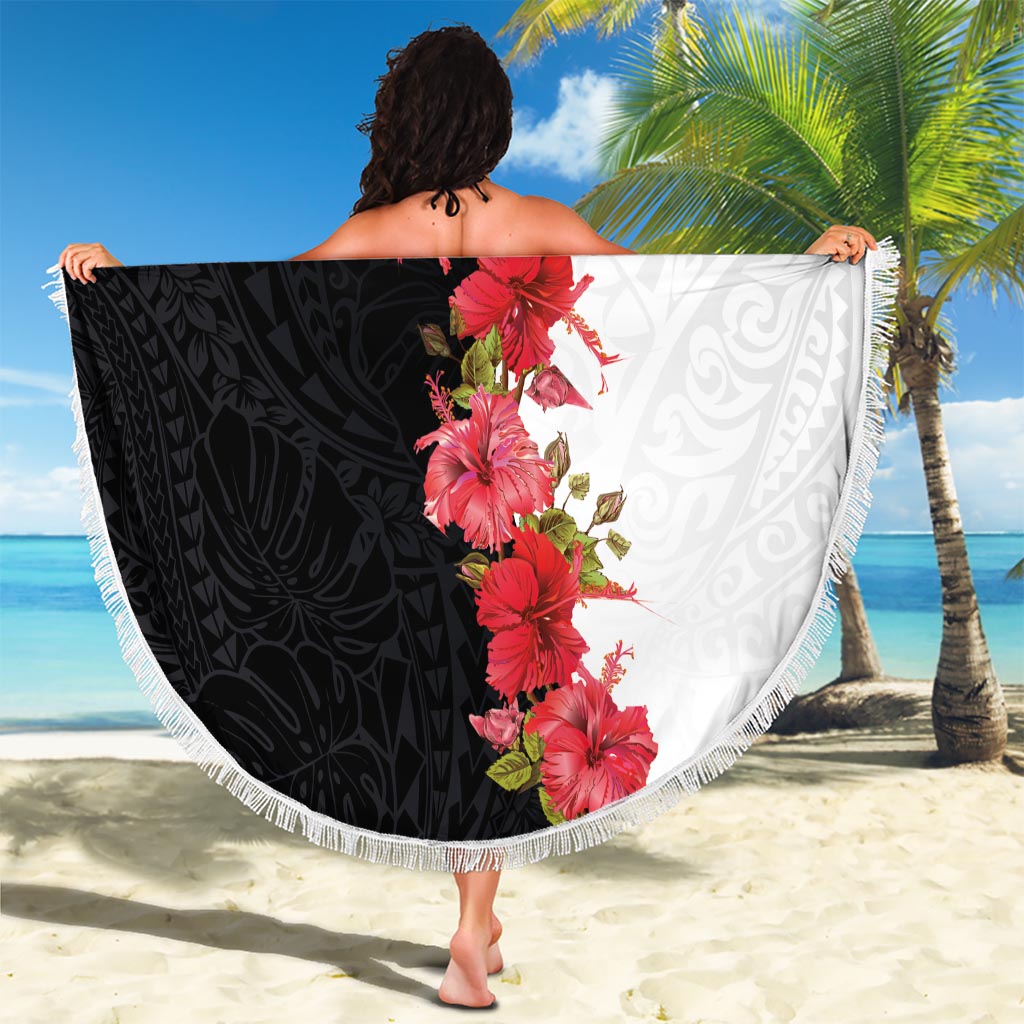 Hawaii Red Hibiscus Flowers Beach Blanket Polynesian Pattern With Half Black White Version LT03 - Polynesian Pride