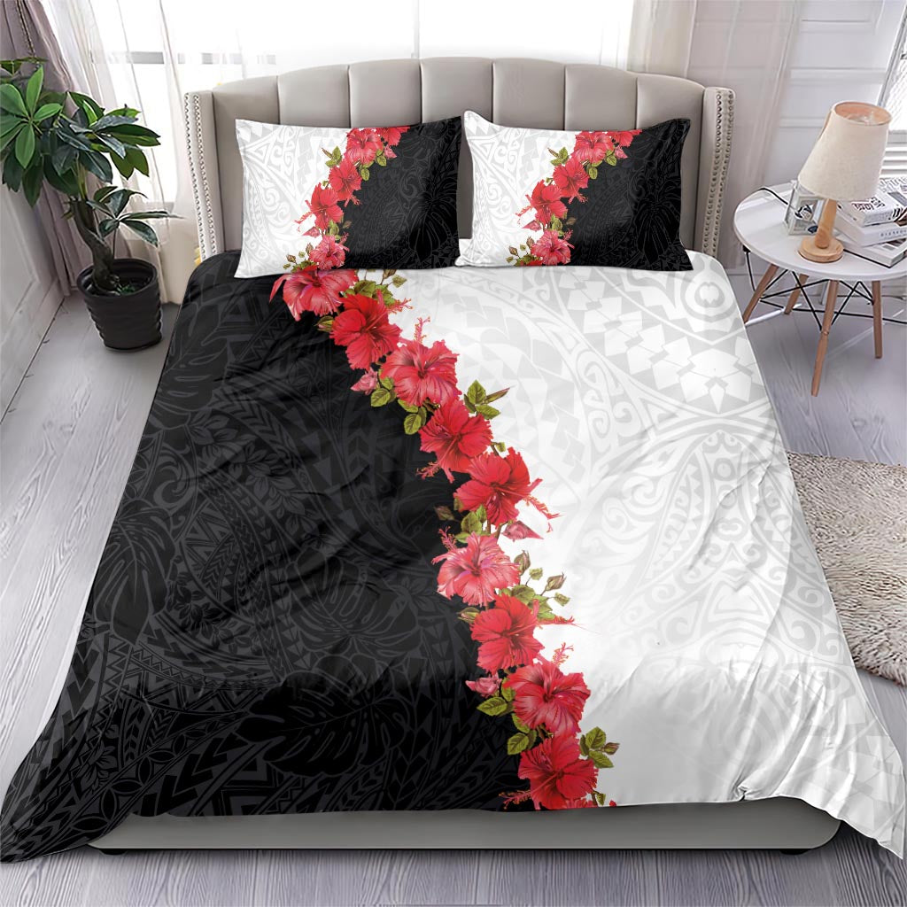 Hawaii Red Hibiscus Flowers Bedding Set Polynesian Pattern With Half Black White Version LT03 - Polynesian Pride