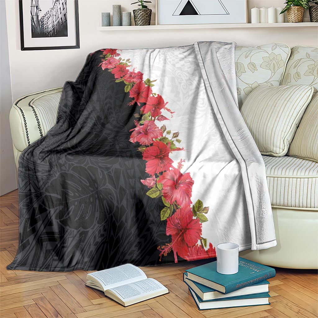 Hawaii Red Hibiscus Flowers Blanket Polynesian Pattern With Half Black White Version