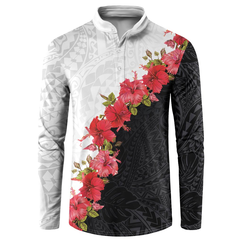 Hawaii Red Hibiscus Flowers Button Sweatshirt Polynesian Pattern With Half Black White Version LT03 Black - Polynesian Pride
