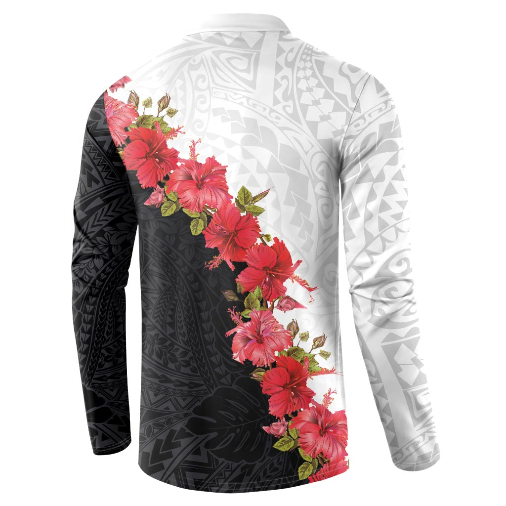 Hawaii Red Hibiscus Flowers Button Sweatshirt Polynesian Pattern With Half Black White Version LT03 - Polynesian Pride