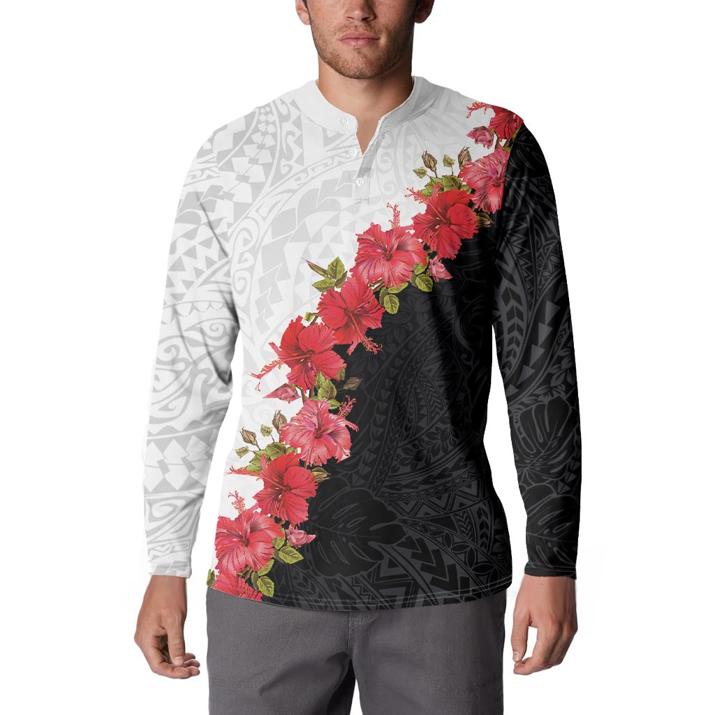 Hawaii Red Hibiscus Flowers Button Sweatshirt Polynesian Pattern With Half Black White Version LT03 - Polynesian Pride