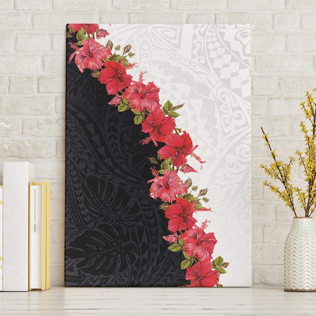 Hawaii Red Hibiscus Flowers Canvas Wall Art Polynesian Pattern With Half Black White Version