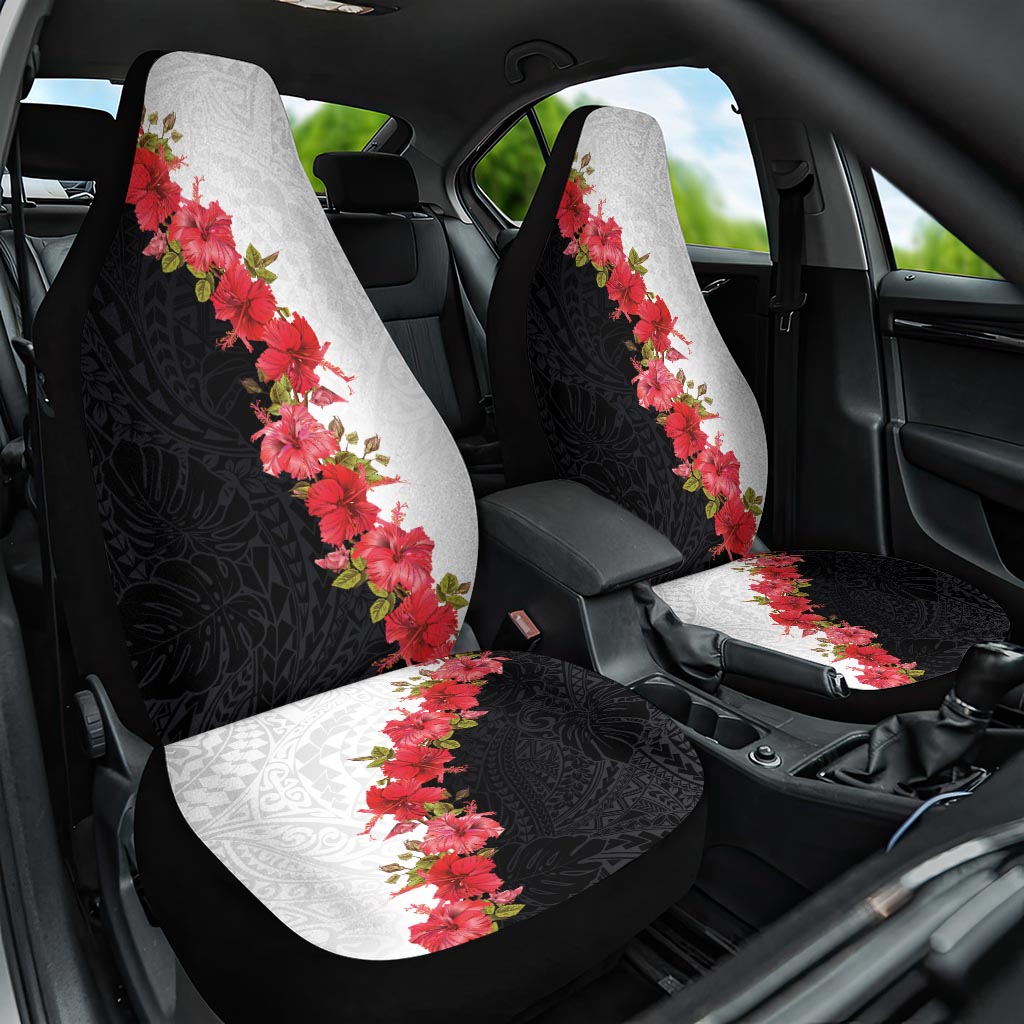 Hawaii Red Hibiscus Flowers Car Seat Cover Polynesian Pattern With Half Black White Version