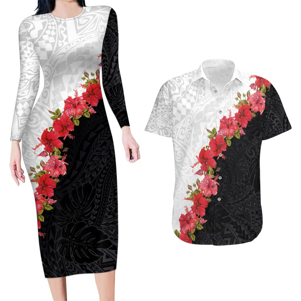 Hawaii Red Hibiscus Flowers Couples Matching Long Sleeve Bodycon Dress and Hawaiian Shirt Polynesian Pattern With Half Black White Version
