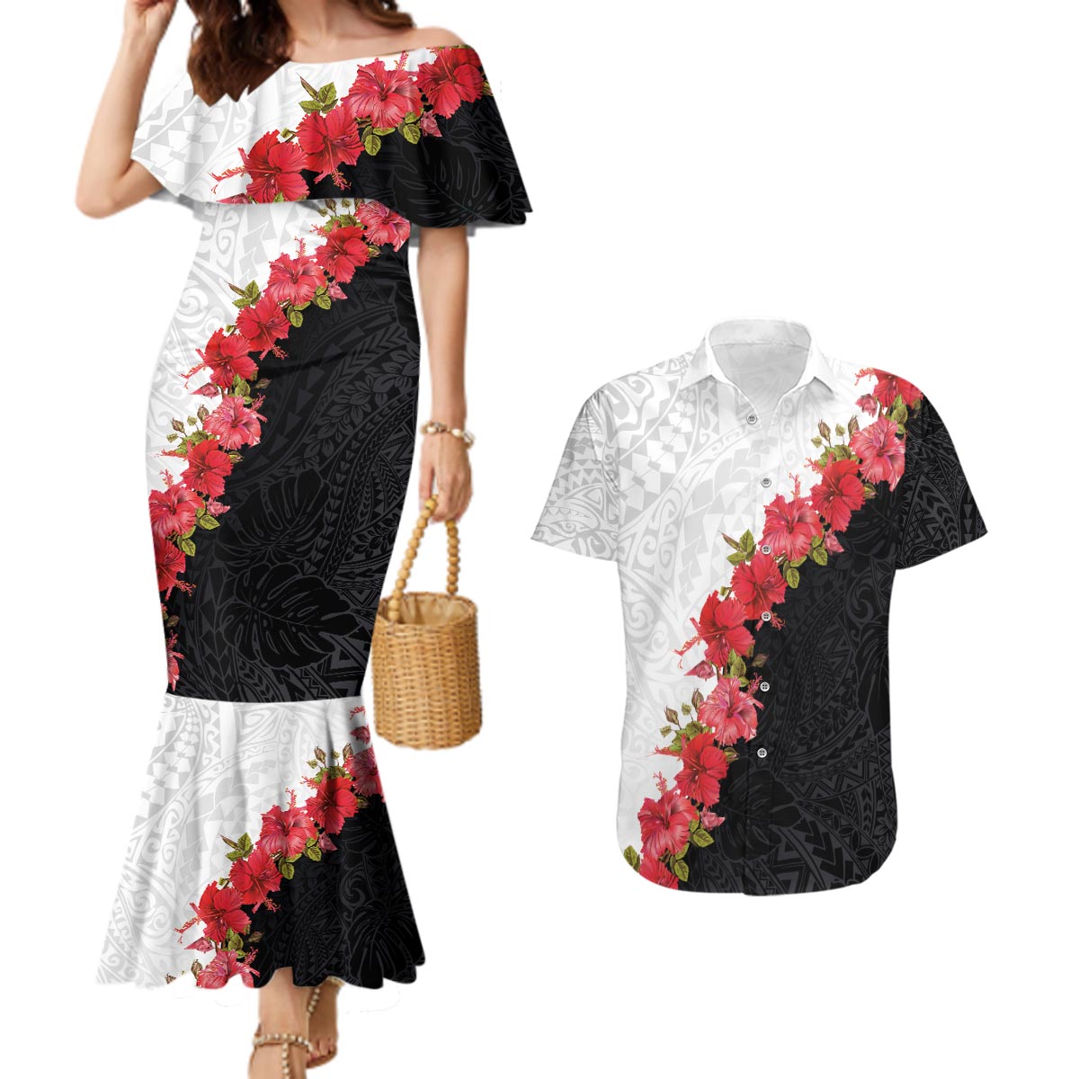 Hawaii Red Hibiscus Flowers Couples Matching Mermaid Dress and Hawaiian Shirt Polynesian Pattern With Half Black White Version