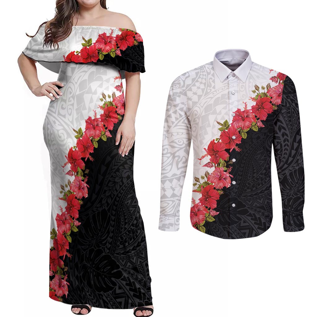 Hawaii Red Hibiscus Flowers Couples Matching Off Shoulder Maxi Dress and Long Sleeve Button Shirt Polynesian Pattern With Half Black White Version