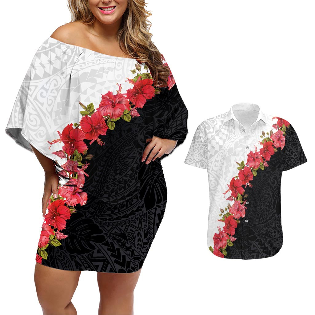 Hawaii Red Hibiscus Flowers Couples Matching Off Shoulder Short Dress and Hawaiian Shirt Polynesian Pattern With Half Black White Version