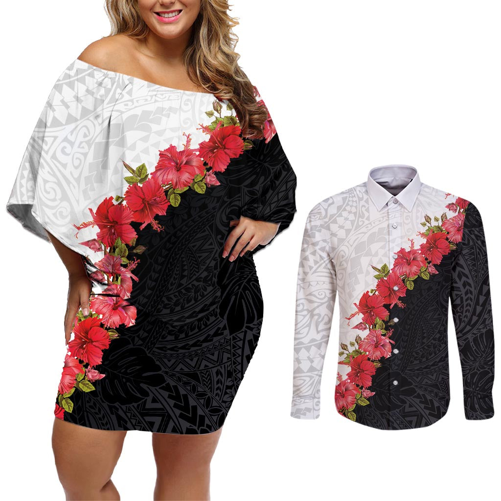 Hawaii Red Hibiscus Flowers Couples Matching Off Shoulder Short Dress and Long Sleeve Button Shirt Polynesian Pattern With Half Black White Version
