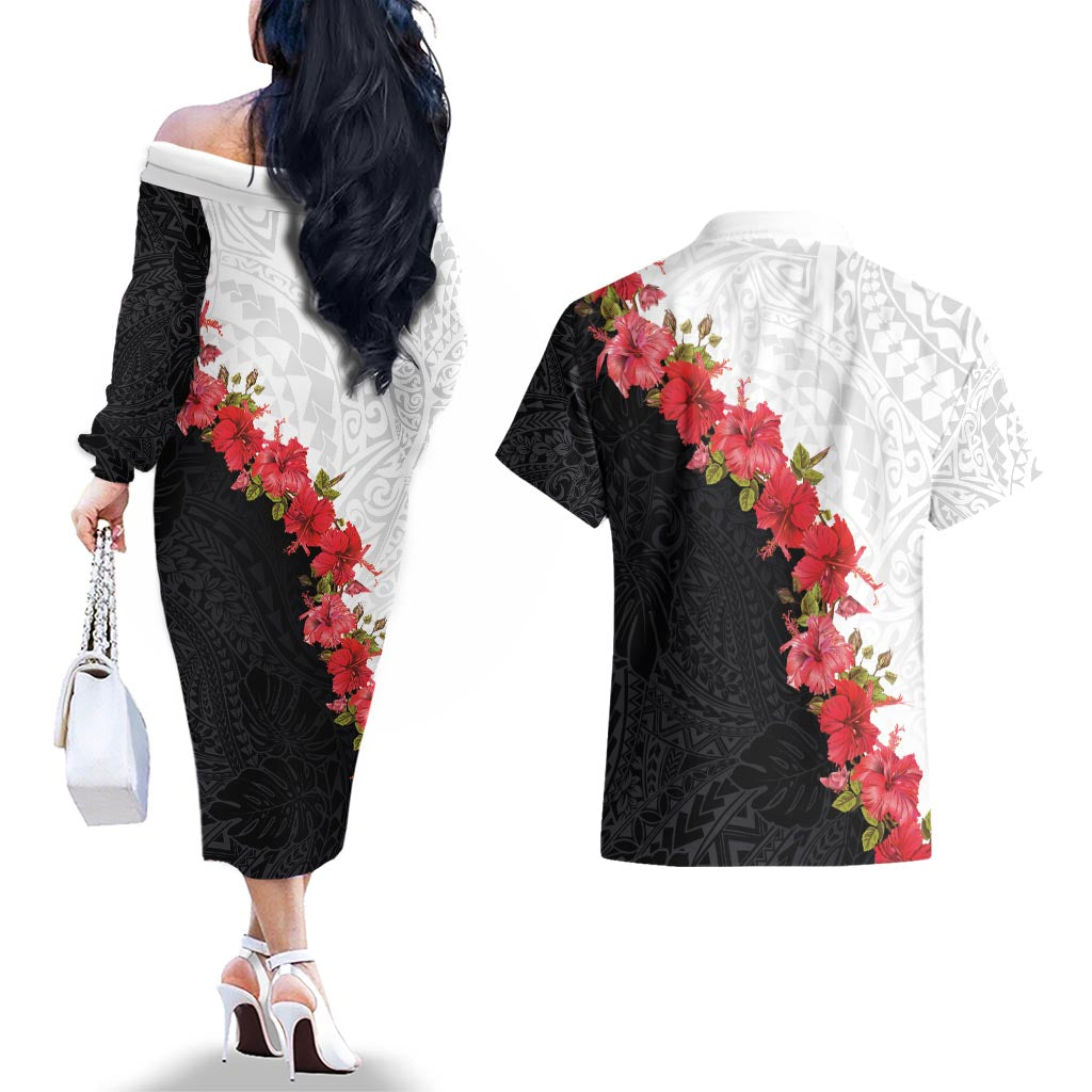 Hawaii Red Hibiscus Flowers Couples Matching Off The Shoulder Long Sleeve Dress and Hawaiian Shirt Polynesian Pattern With Half Black White Version