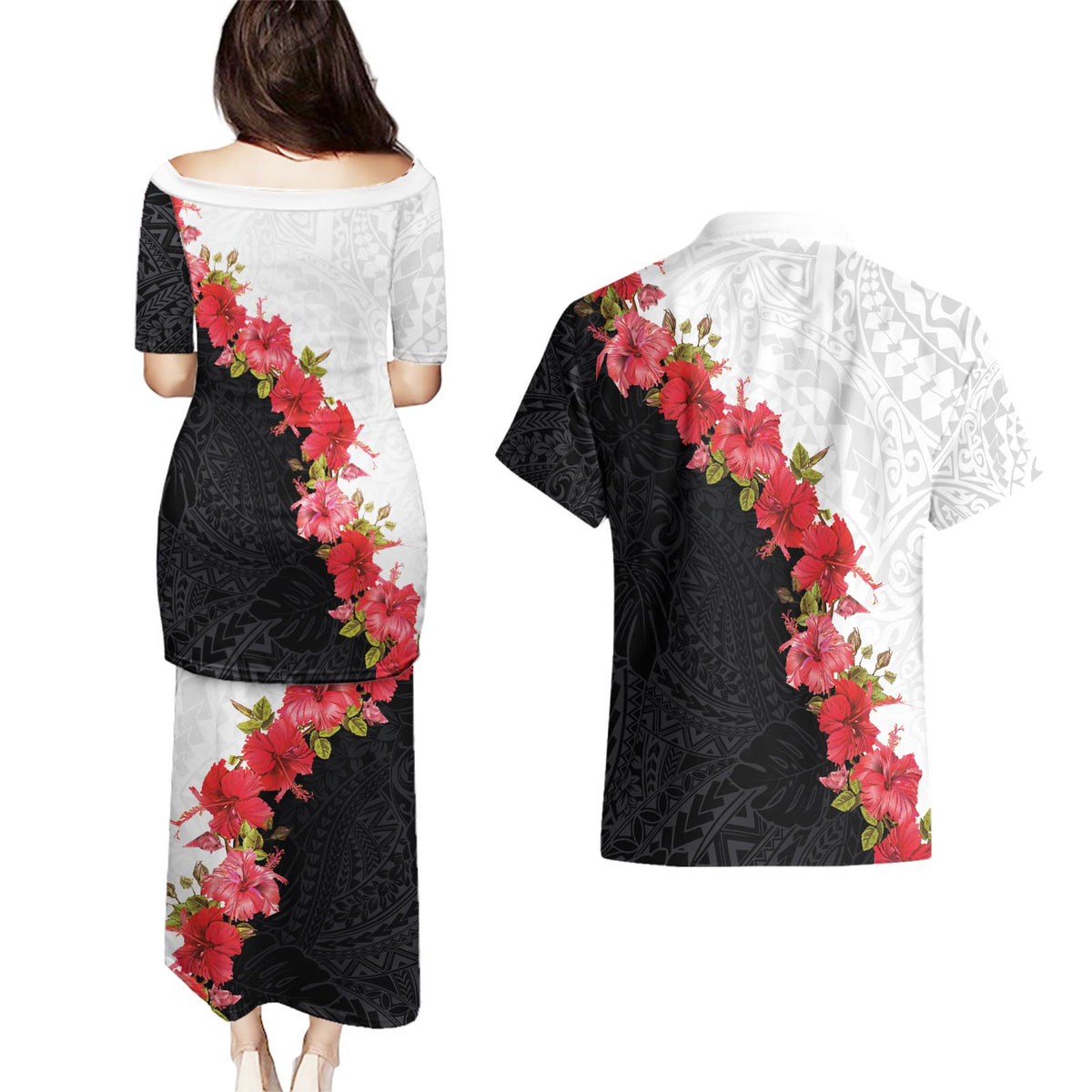 Hawaii Red Hibiscus Flowers Couples Matching Puletasi and Hawaiian Shirt Polynesian Pattern With Half Black White Version
