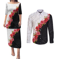 Hawaii Red Hibiscus Flowers Couples Matching Puletasi and Long Sleeve Button Shirt Polynesian Pattern With Half Black White Version