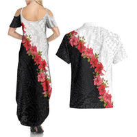 Hawaii Red Hibiscus Flowers Couples Matching Summer Maxi Dress and Hawaiian Shirt Polynesian Pattern With Half Black White Version