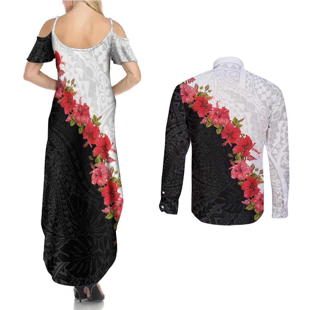 Hawaii Red Hibiscus Flowers Couples Matching Summer Maxi Dress and Long Sleeve Button Shirt Polynesian Pattern With Half Black White Version