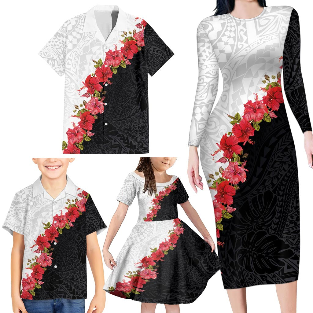 Hawaii Red Hibiscus Flowers Family Matching Long Sleeve Bodycon Dress and Hawaiian Shirt Polynesian Pattern With Half Black White Version LT03 - Polynesian Pride