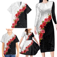 Hawaii Red Hibiscus Flowers Family Matching Long Sleeve Bodycon Dress and Hawaiian Shirt Polynesian Pattern With Half Black White Version LT03 - Polynesian Pride