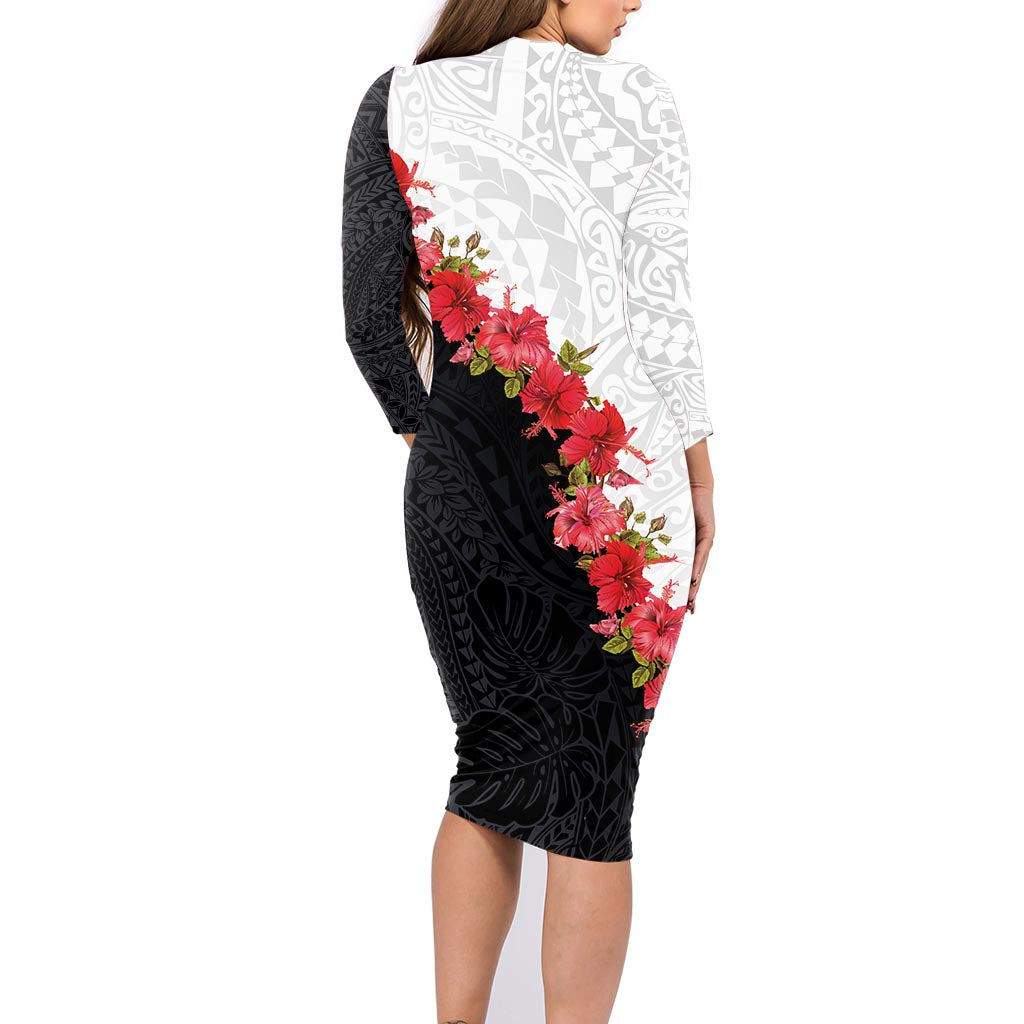 Hawaii Red Hibiscus Flowers Family Matching Long Sleeve Bodycon Dress and Hawaiian Shirt Polynesian Pattern With Half Black White Version LT03 - Polynesian Pride