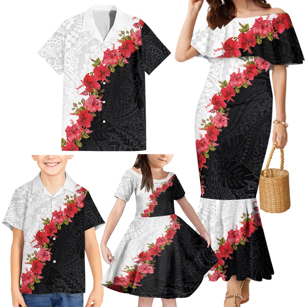 Hawaii Red Hibiscus Flowers Family Matching Mermaid Dress and Hawaiian Shirt Polynesian Pattern With Half Black White Version LT03 - Polynesian Pride