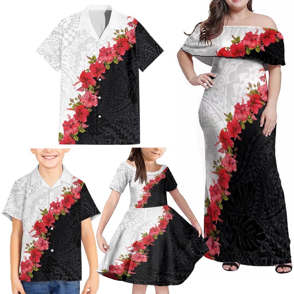 Hawaii Red Hibiscus Flowers Family Matching Off Shoulder Maxi Dress and Hawaiian Shirt Polynesian Pattern With Half Black White Version LT03 - Polynesian Pride