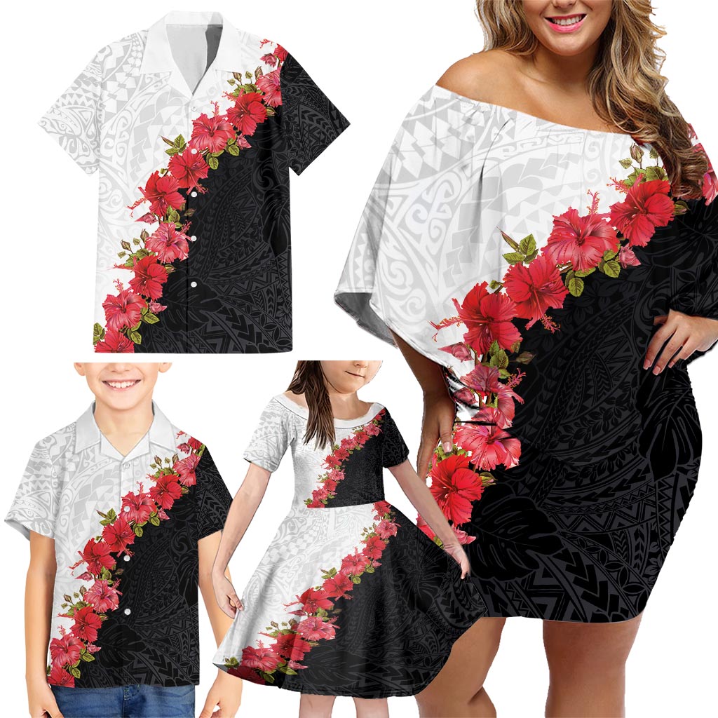 Hawaii Red Hibiscus Flowers Family Matching Off Shoulder Short Dress and Hawaiian Shirt Polynesian Pattern With Half Black White Version