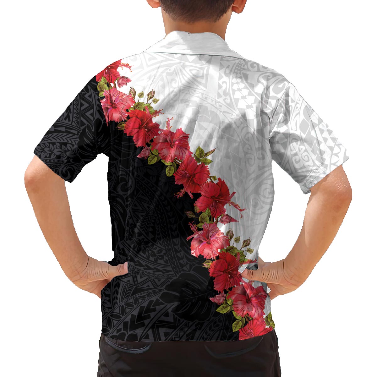 Hawaii Red Hibiscus Flowers Family Matching Puletasi and Hawaiian Shirt Polynesian Pattern With Half Black White Version LT03 - Polynesian Pride