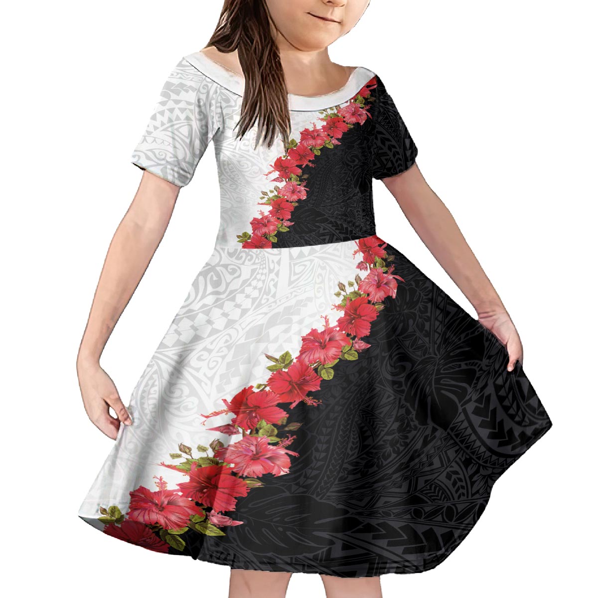Hawaii Red Hibiscus Flowers Family Matching Puletasi and Hawaiian Shirt Polynesian Pattern With Half Black White Version LT03 Daughter's Dress Black - Polynesian Pride