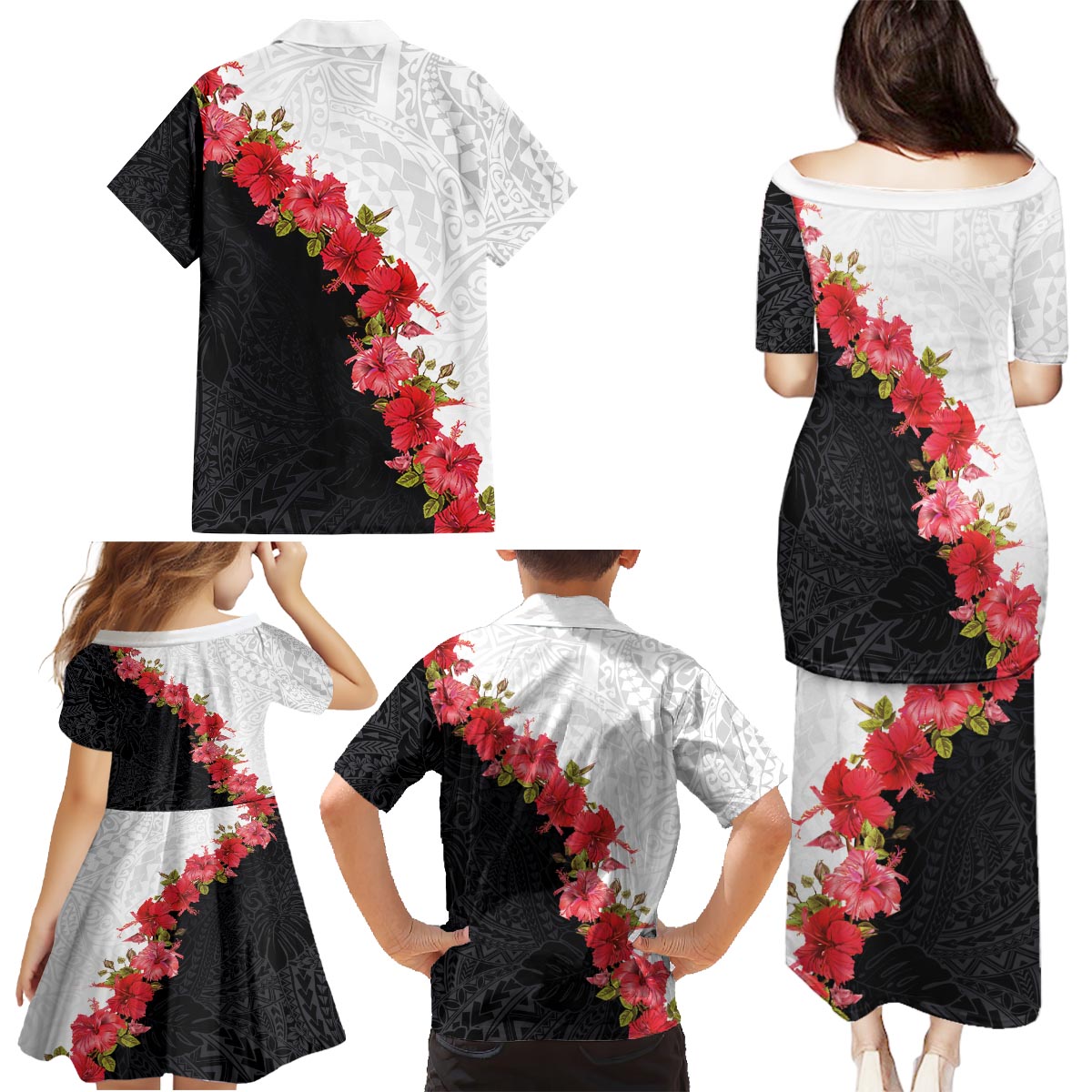 Hawaii Red Hibiscus Flowers Family Matching Puletasi and Hawaiian Shirt Polynesian Pattern With Half Black White Version LT03 - Polynesian Pride