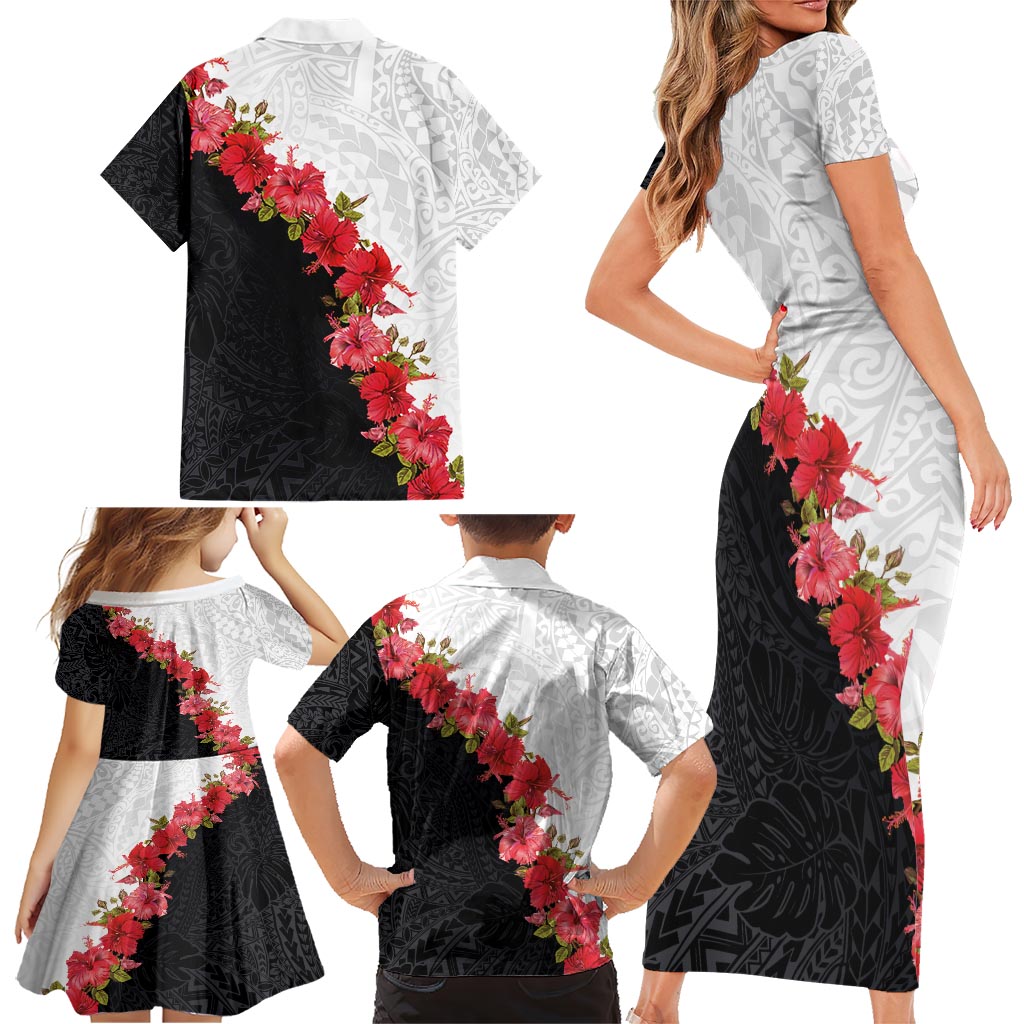Hawaii Red Hibiscus Flowers Family Matching Short Sleeve Bodycon Dress and Hawaiian Shirt Polynesian Pattern With Half Black White Version LT03 - Polynesian Pride