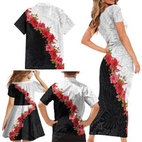 Hawaii Red Hibiscus Flowers Family Matching Short Sleeve Bodycon Dress and Hawaiian Shirt Polynesian Pattern With Half Black White Version LT03 - Polynesian Pride