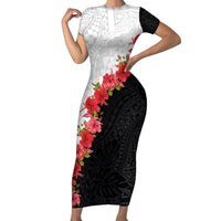 Hawaii Red Hibiscus Flowers Family Matching Short Sleeve Bodycon Dress and Hawaiian Shirt Polynesian Pattern With Half Black White Version LT03 Mom's Dress Black - Polynesian Pride