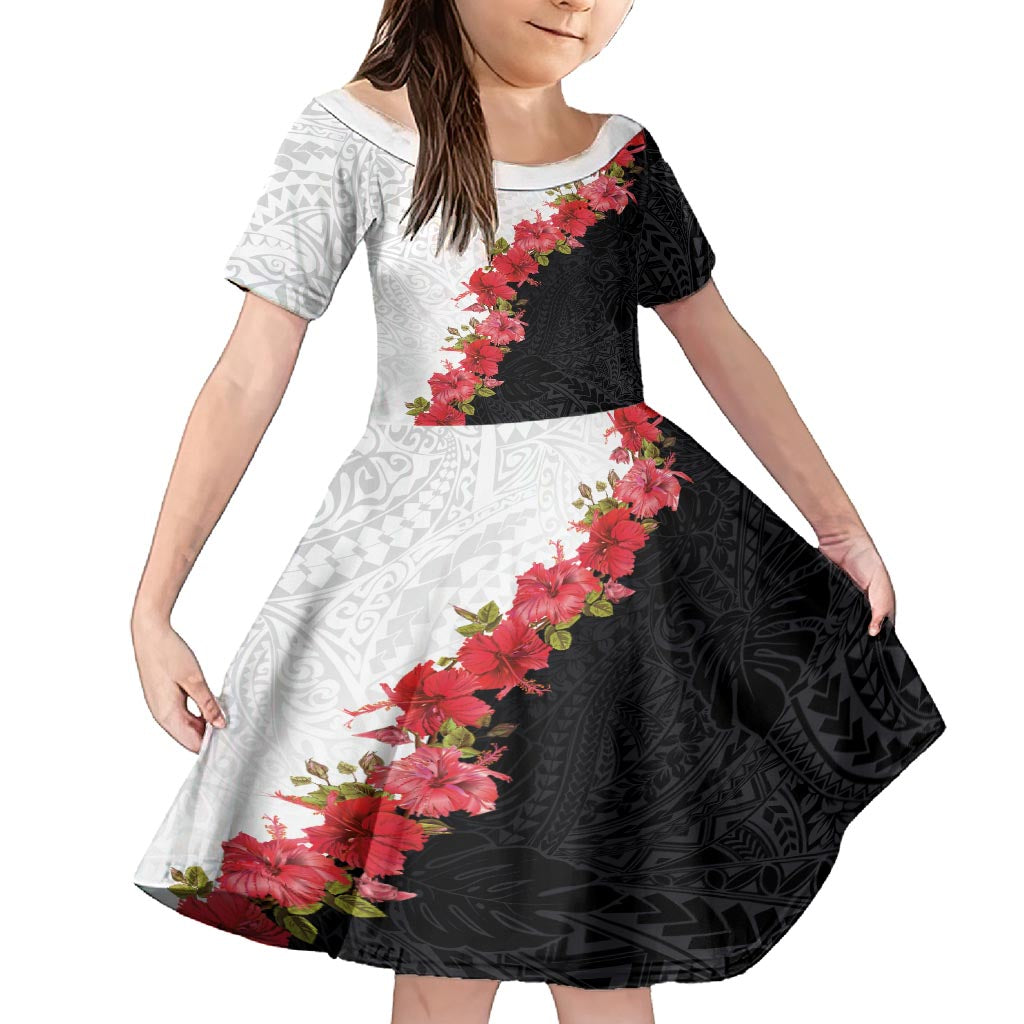 Hawaii Red Hibiscus Flowers Family Matching Summer Maxi Dress and Hawaiian Shirt Polynesian Pattern With Half Black White Version LT03 Daughter's Dress Black - Polynesian Pride
