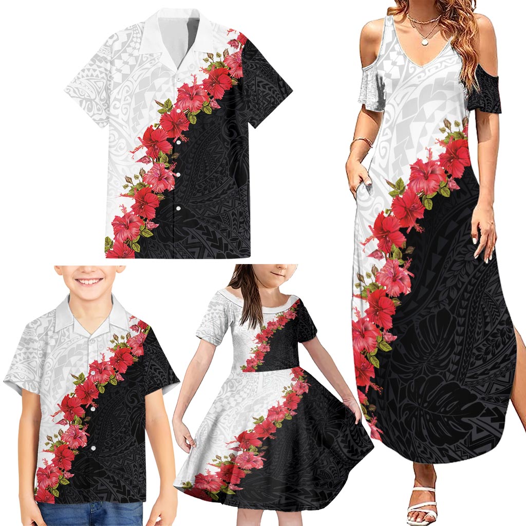 Hawaii Red Hibiscus Flowers Family Matching Summer Maxi Dress and Hawaiian Shirt Polynesian Pattern With Half Black White Version